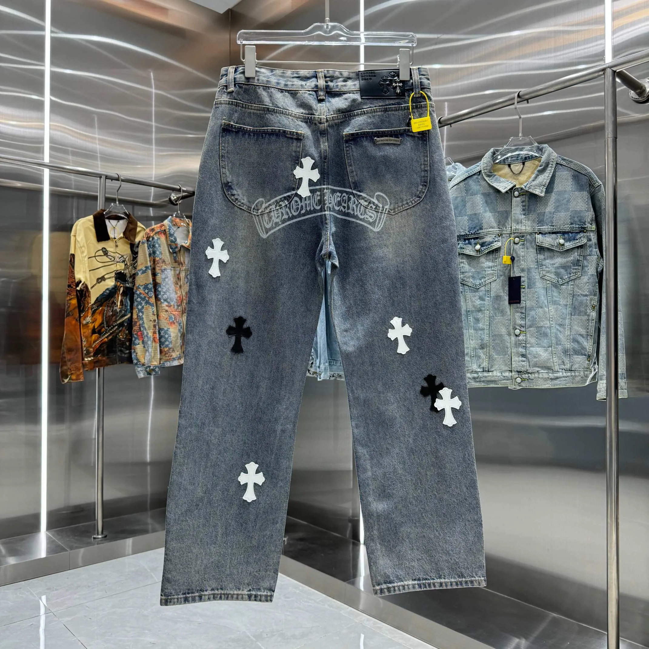 🅿️270 Crow Heart Cross logo + printed logo jeans 2025 latest product, original goods, washed casual jeans, imported original washed stretch fabric, comfortable and elastic, original hardware accessories decorated with logo, super correct version, extremely high grade, counter quality, fashionable and stylish upper body. The printing adopts imported foam printing, customized buttons, YKK zippers. The complete set of accessories is customized by molding. Color: blue Size: S-XXL 28 30 32 34 36 code